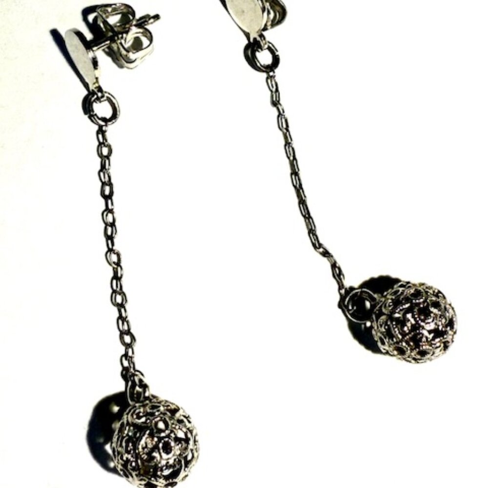 Delicate Silver Drop Earrings with Filigree Globes